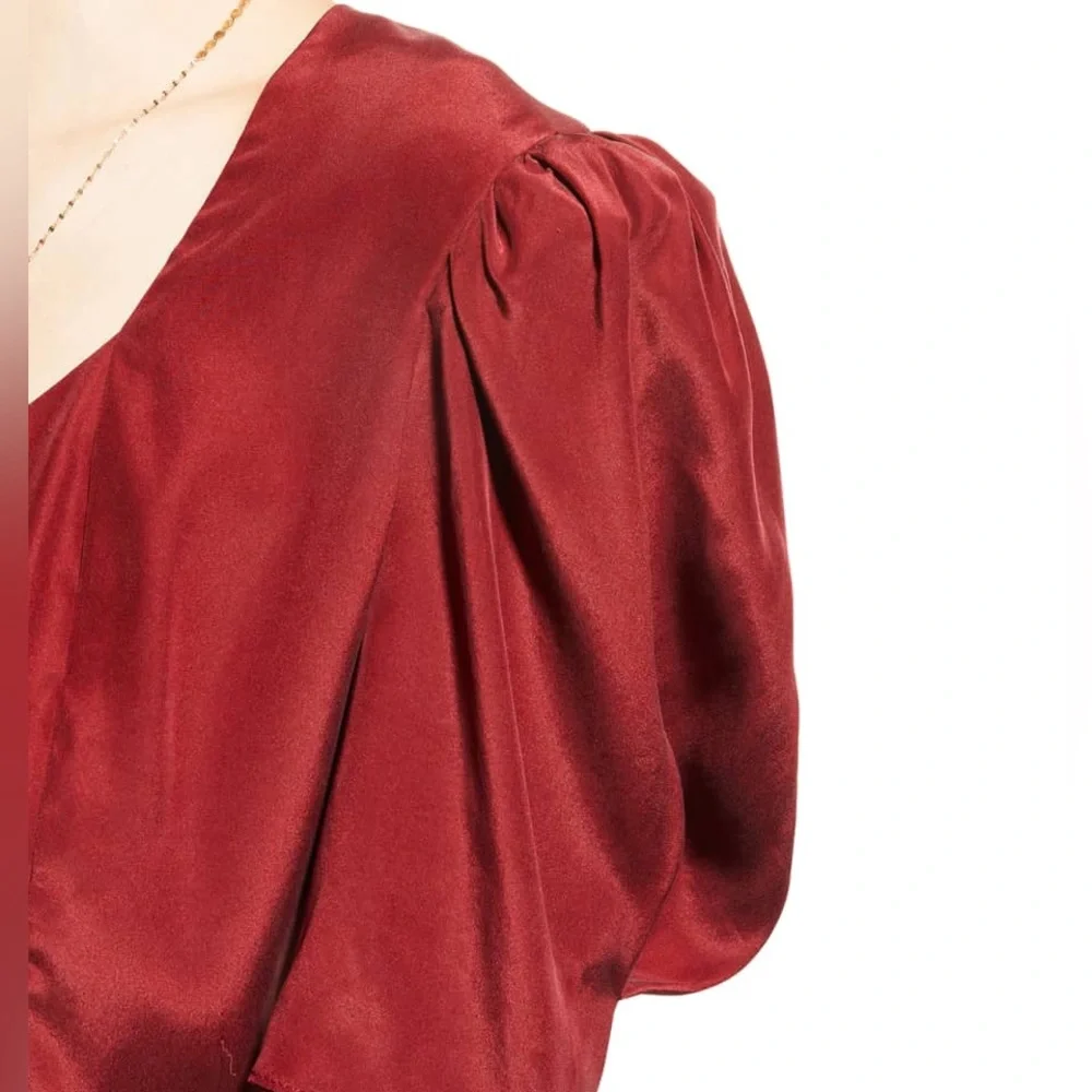 Frame Denim Red V-Neck Puff Sleeve Button Front Blouse - Picture 4 of 14